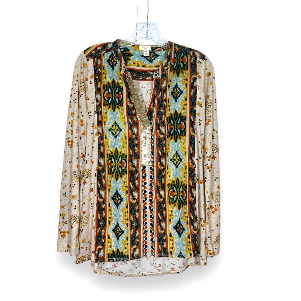 Anthropologie Tiny Devas Top Popover Multicolor Sequin Split V-Neck Sz M